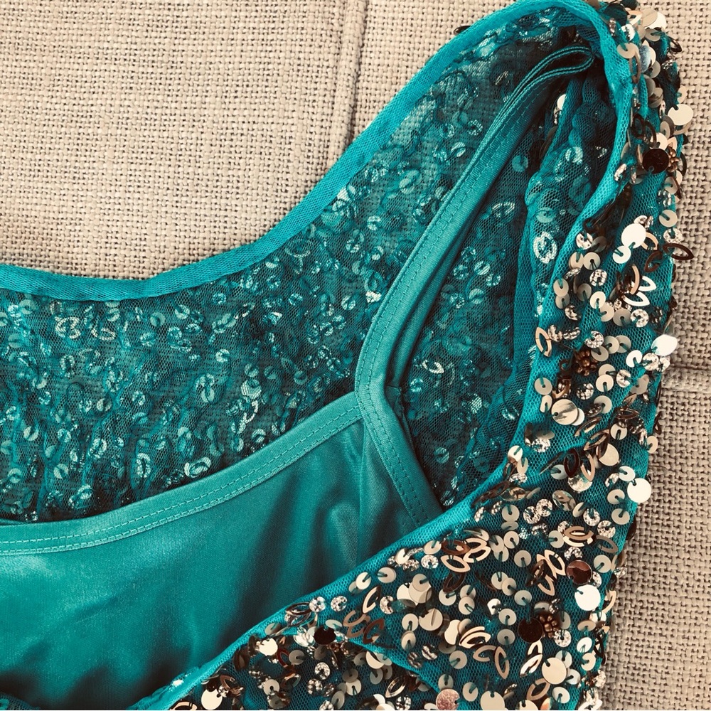 Aidan Mattox Teal Cocktail Dress with Gold Sequins - Picture 7 of 13